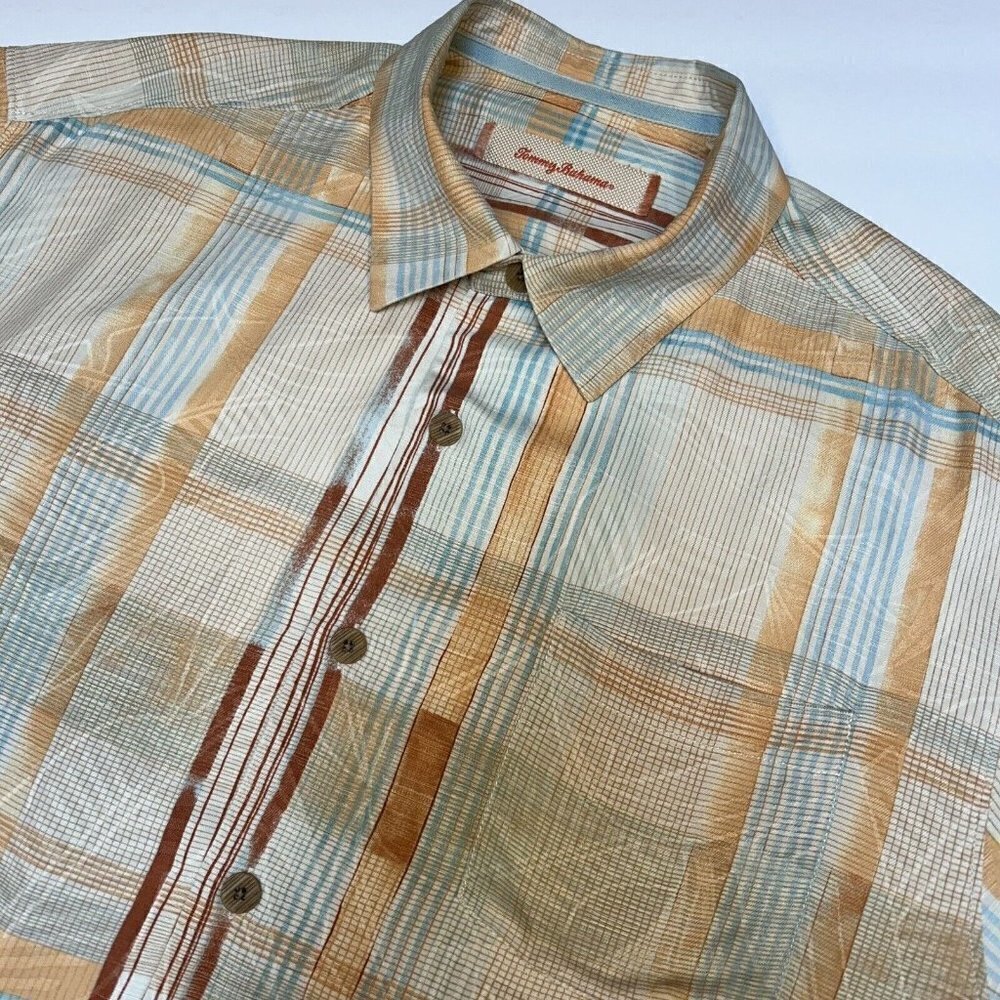 Tommy Bahama Men's Large Orange Blue Striped Silk Short Sleeve Hawaiian Shirt